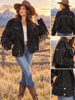 CBO New York 2X Black Suede Fringe Western Jacket • Vintage Cowboy Ranch Coat